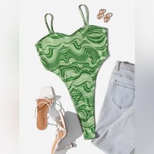 Allover Print Cami Bodysuit Green